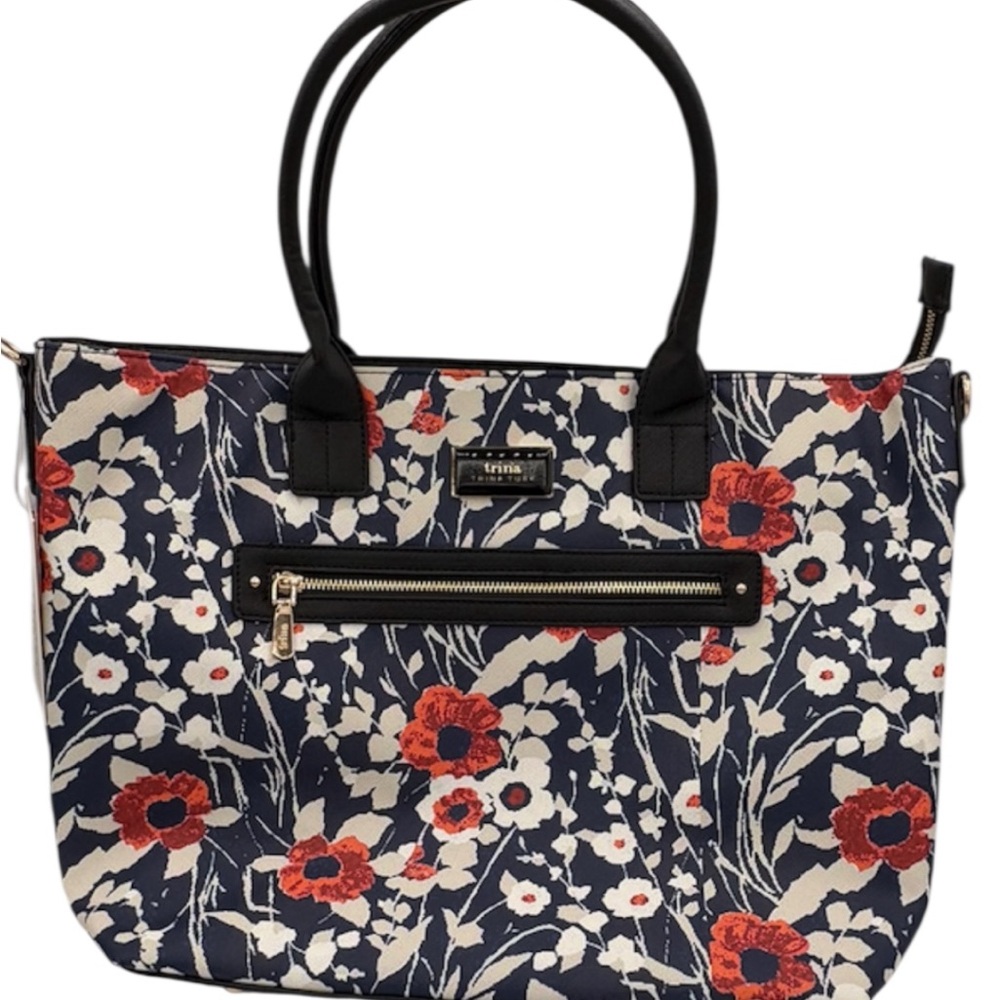 Trina Turk Navy Floral Tote with Black Handles